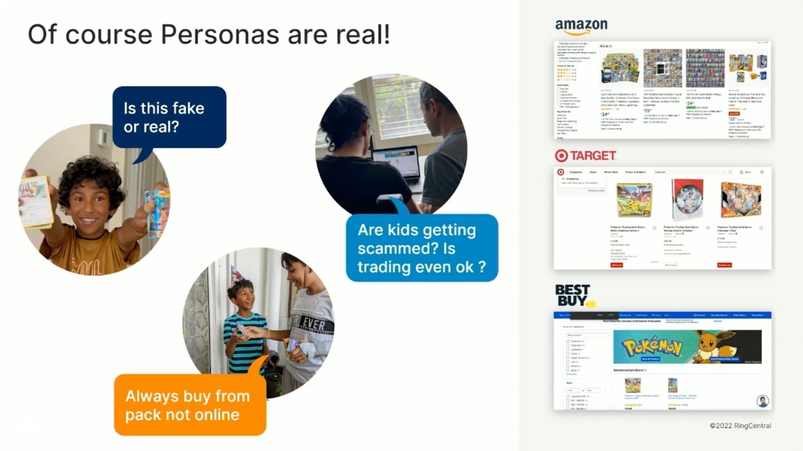 Title saying "of course personas are real!" then an image of Gayathri's son holding pokemon cards and a speech bubble that says "is this fake or real?" then an image of Gayathri's son and his cousin with a speech bubble that says "always buy from pack not online." Then an image of Gayathri and her husband which says "are kids getting scammed? Is trading even ok?" Next to these images are three screenshots of Pokemon cards from three online stores: Amazon, Target, and Best Buy. 