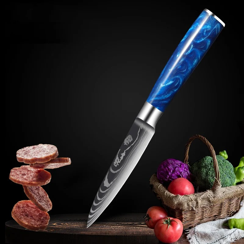 Stainless Steel Chef Knife with Blue Resin Handle. Achieve precision cutting, chopping, and slicing. A must-have for eve