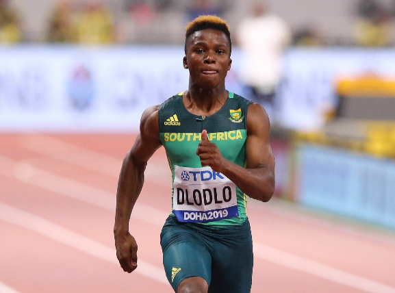 Thando Dlodlo competing in the 100m at the 2019 world championships in Doha.