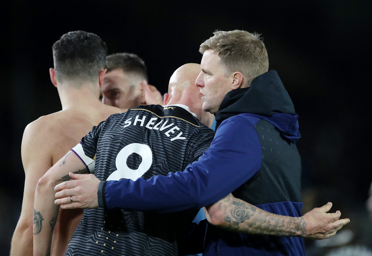 Newcastle United manager Eddie Howe and Jonjo Shelvey embrace after the match