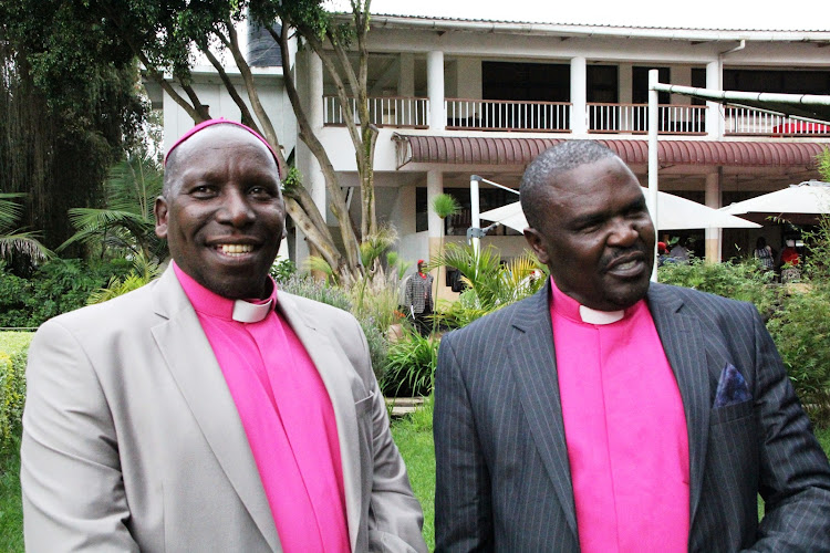 Archbishop Fredrick Wang'ombe and Archbishop Samson Muthuri in Nanyuki on Tuesday, December 10, 2019