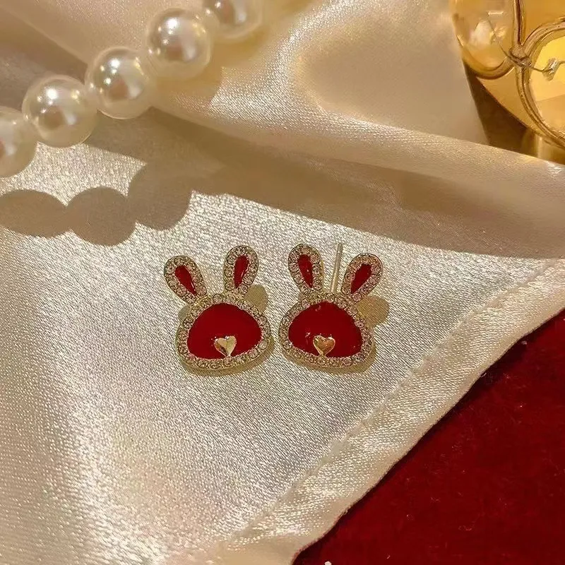 Title 5, High-End Retro Red Cute Rabbit Earrings Women S...