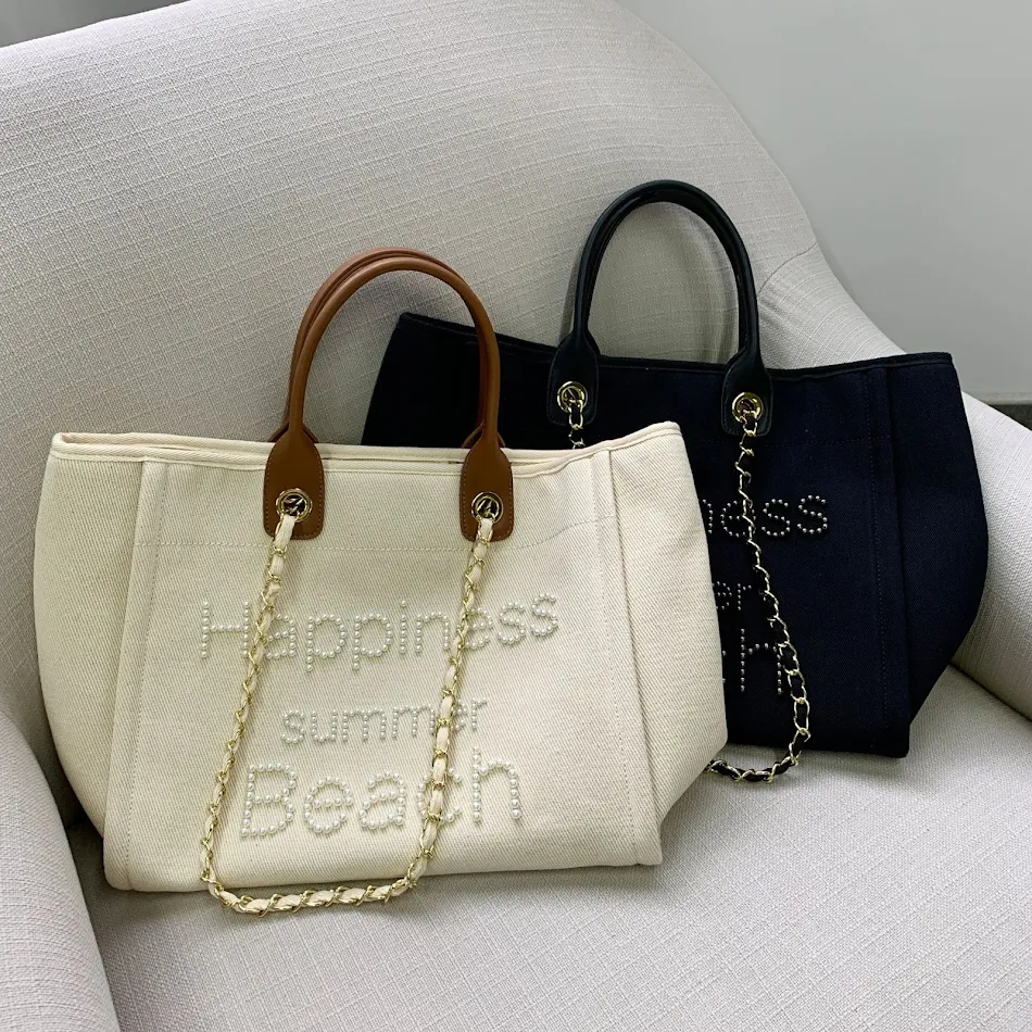 Petit Sac de Plage Parfumée en Toile avec Chaîne à Main en Cuir et Perles Parfait pour transporter vos essentiels avec style