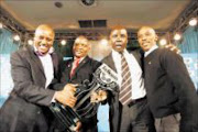 UP FOR GRABS: Orlando Pirates' spokesman Mickey Modisane with his counterparts
from Platinum Stars Aubrey Molobi, Mamelodi Sundowns' Alex Shakoane and Kaizer
Chiefs' Thebe Mohatle at the Telkom Charity Cup draw in Johannesburg yesterday. Veli Nhlapo. 28/07/2009 © Sowetan.
20090728VNH. Mickey Modisane,of Orlando Pirates, Aubrey Molobi of Platinum Stars,Alex Shakoane of Mamelodi Sundowns and Thebe Mohatle of Kaizer Chiefs  during the Telkom Charity Cup draw in Johannesburg. PHOTO:VELI NHLAPO