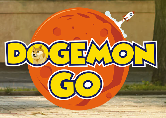 Dogemon Go logo on orange planet with a rocket coming out of it