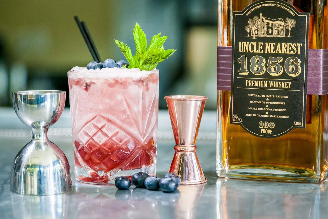 St. Jack's Charlie Dorst created the Uncle Nearest whiskey cocktail Near to a Smash with Uncle Nearest Tennessee Whiskey, Lillet Rouge, Demerra Syrup, Lemon, Blueberries, Mint, photo by ALOR Consulting