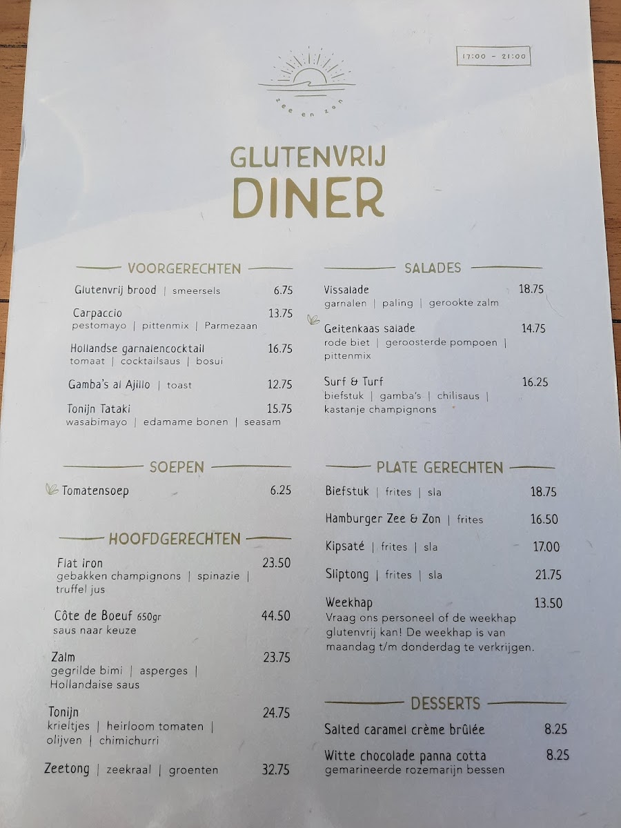 Strandpaviljoen Sea and Sun gluten-free menu