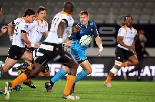 Blues' Piers Francis looks for support during the Super Rugby match between New Zealand's Blues and South Africa's Cheetahs at Eden Park in Auckland on May 12, 2017.