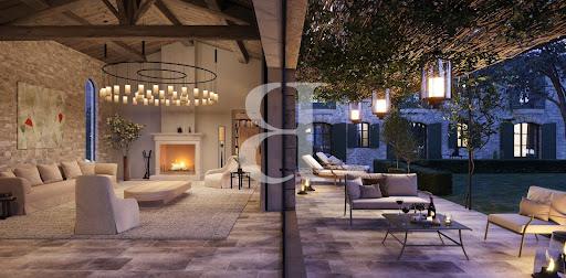 Living room with fireplace and outdoor terrace - Luxury mas for sale in Saint-Rémy-de-Provence, 9 rooms, 7 bedrooms