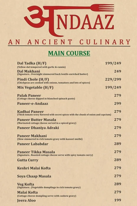 Andaaz An Ancient Culinary menu 