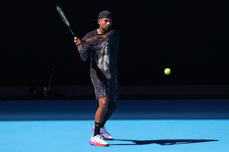 Nick Kyrgios of Australia plays a backhand during a practice session ahead of the 2023 Australian Open at Melbourne Park on January 14 2023.