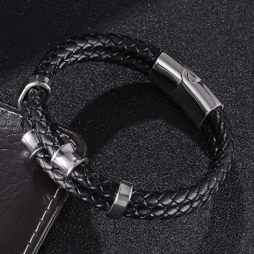 Title 3, Mens Leather Braided Bracelet Stainless Steel ...