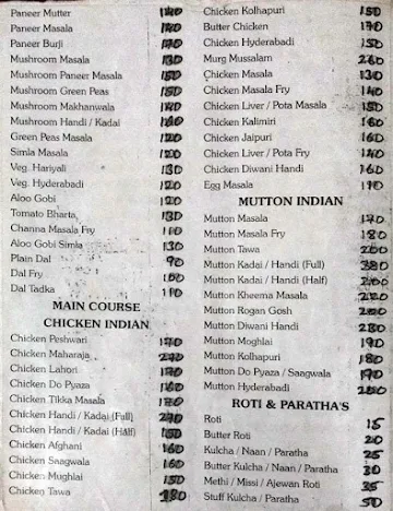 Hotel Roti menu 