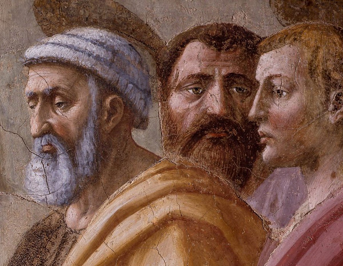 Masaccio, La Distribuzione delle elemosine e la morte di Anania (particolare San Pietro e San Giovanni, raffigurati come un vecchio con la barba bianca e un giovane biondo), Cappella Brancacci, Santa Maria del Carmine, Firenze