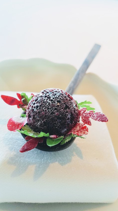 Dessert of A Bite of Beetroot, Blackcurrant, Yoghurt and Tagetes at Geranium, a three Michelin star restaurant in Copenhagen