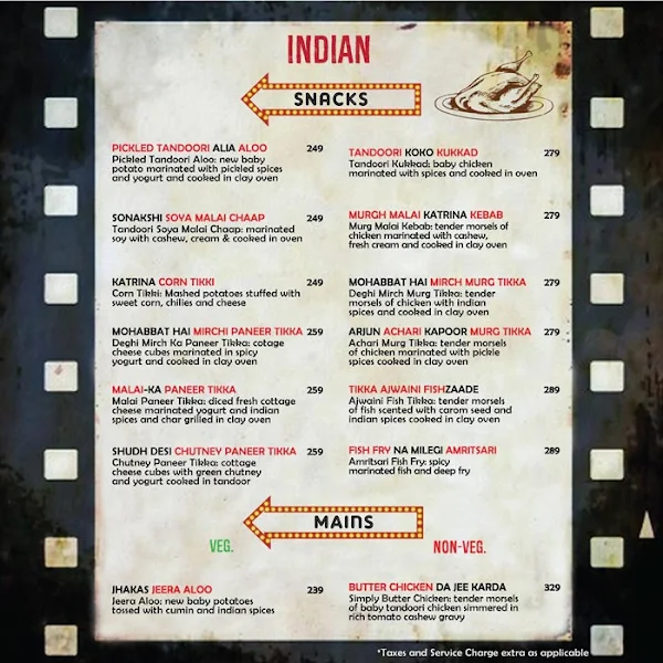 Filmy Flavours menu 