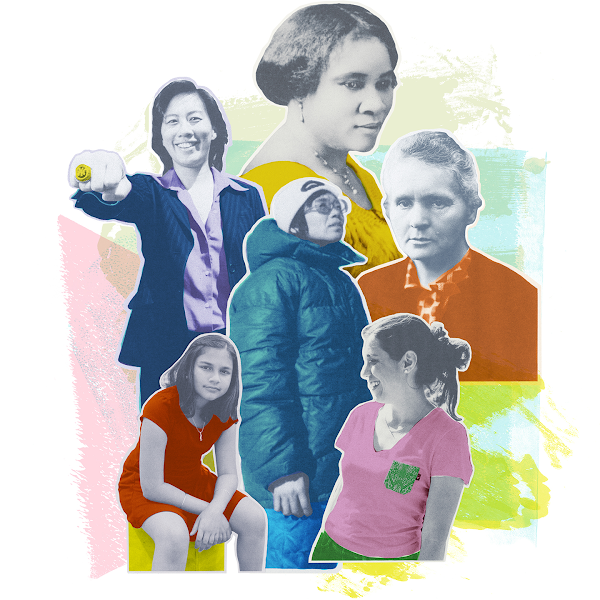 Un collage di fotografie di donne, con Madam C.J. Walker, Marie Curie, Junko Tabei e altre.