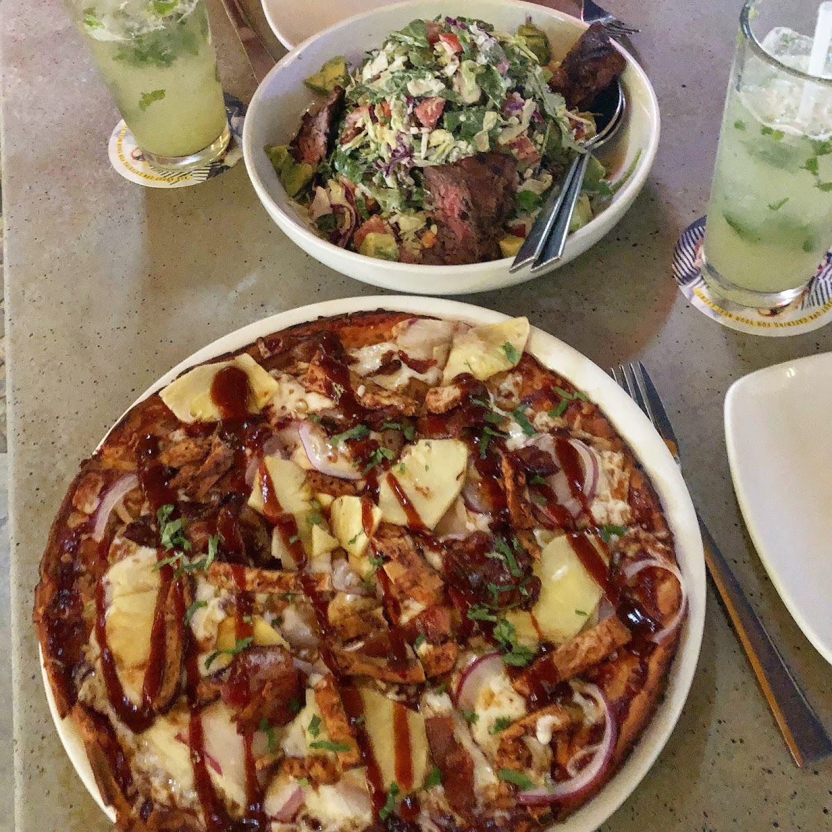 BBQ Chicken Pizza with Bacon and Pineapple, with the Steak Salad.