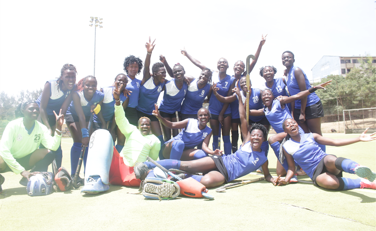 Lakers Ladies hockey team celebrate after their win against Ghana's Army Ladies at the Africa Cup for Club Championships at the City Park Stadium on February 15