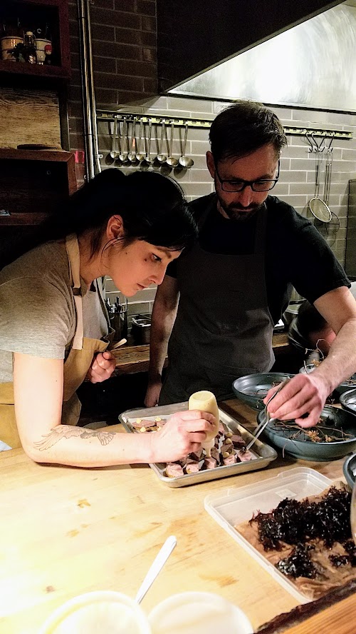 Langbaan PDX Chefs Who Inspire Dinner with Justin Woodward, snack of Antelope pate with beef heart remoulade and seaweed cracker, being artfully plated