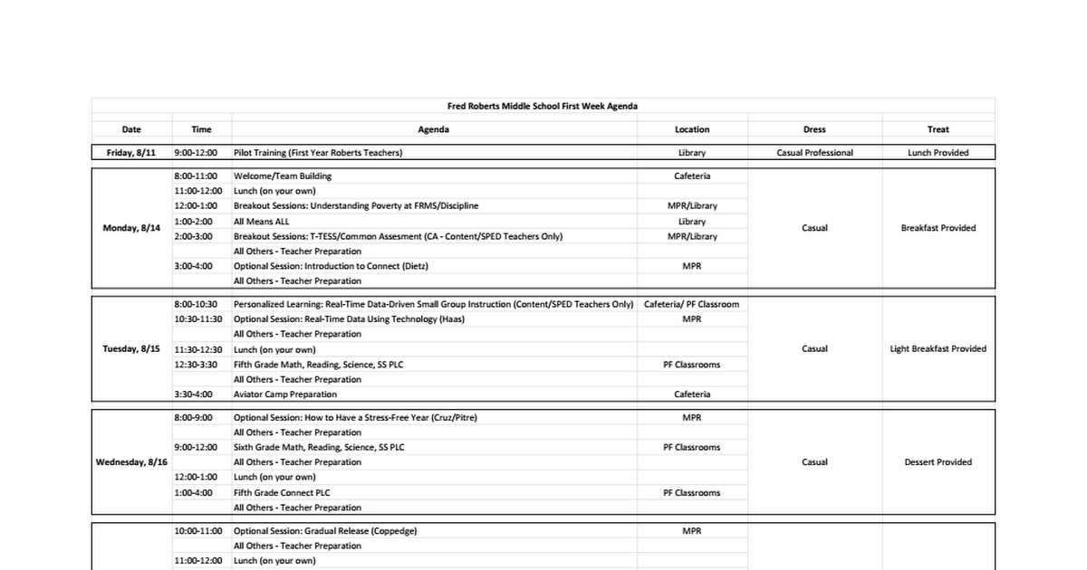 Fred Roberts Middle School First Week Agenda