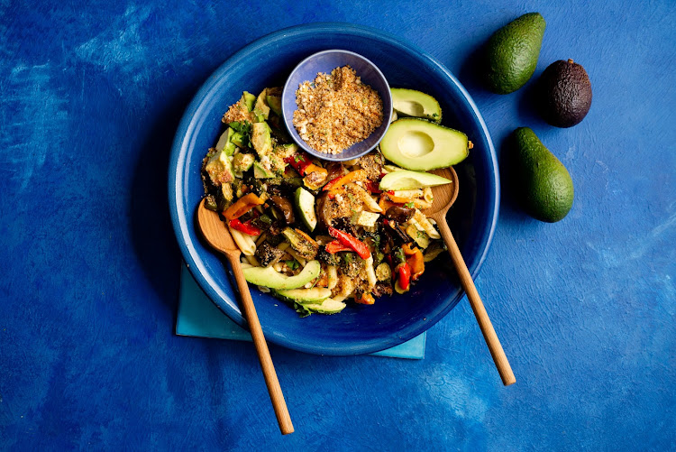 Penne with balsamic roast veggies and avocado topped with flavoured sourdough breadcrumbs.