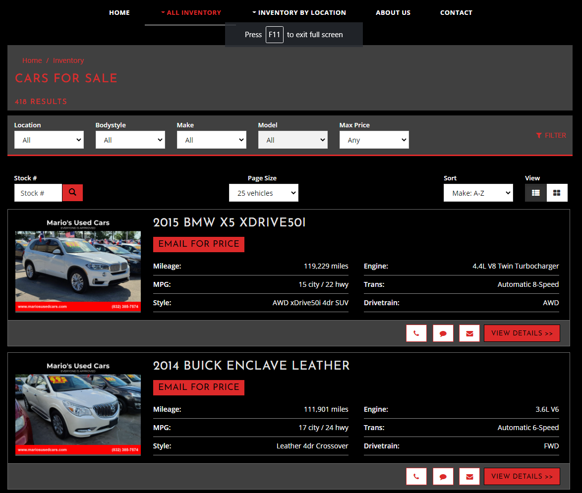 Screenshot of Mario's Used Cars website