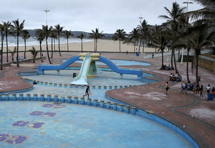 The public pool on the promenade of Durban’s famous Golden Mile with empty beaches in the background on December 31 2020.