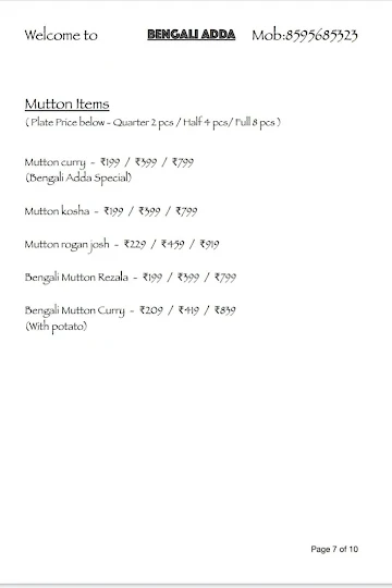 Bengali Adda menu 