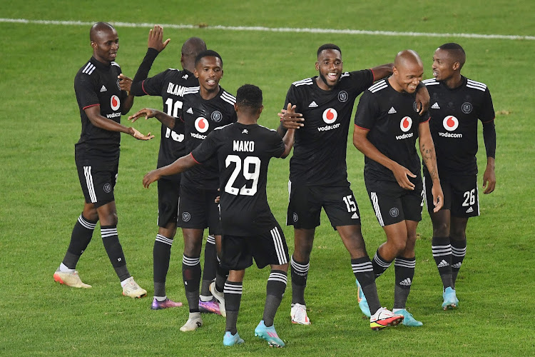 Orlando Pirates players celebrate a goal during the CAF Confederation Cup match against Royal Leopards at Orlando Stadium in March.