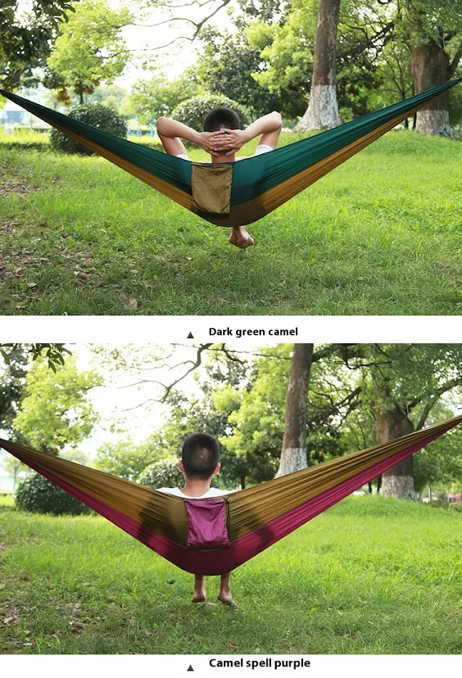 Hamaca de tela de paracaídas para acampada doble, nailon 210T, perfecta para exteriores. Disfruta del aire libre con comodidad y durabilidad.