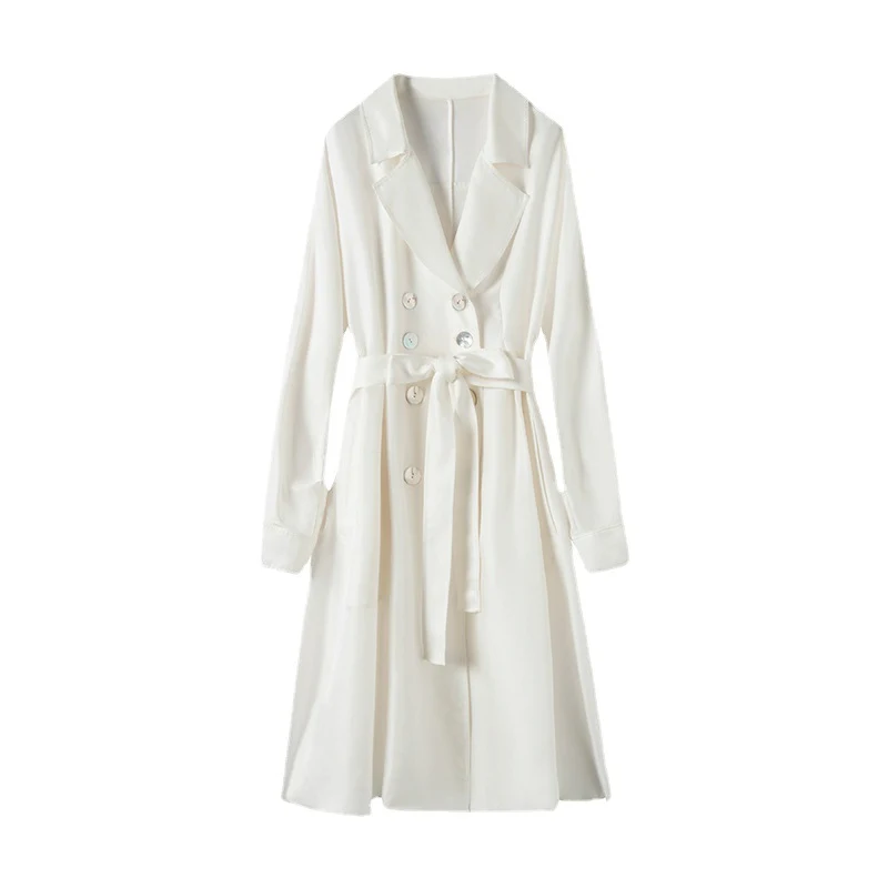Damen Overknee Trenchcoat mittellang mit Seidenbund, stilvoll und wetterfest, perfekt für einen eleganten Look und Schutz.