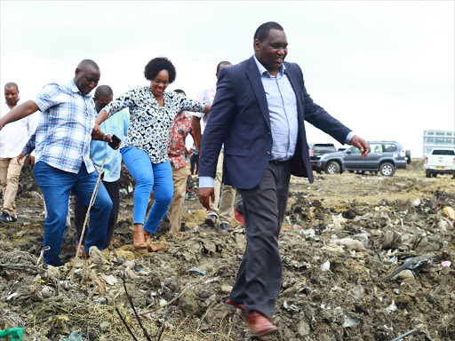 The National Assembly Committee on Environment chaired Kareke Mbiuki tours Kibarani dumpsite in Mombasa on Monady, July 30, 2018. /JOHN CHESOLI