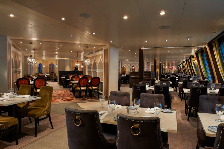 Marco Polo, one of the two main dining rooms on Carnival Venezia, brims with elegant Italian design. 