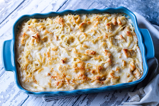 Turkey Tetrazzini baked until golden brown.