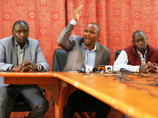 Rift Valley MPs Silas Tiren, Alfred Keter and Joshua Kutuny on Friday when they rejected the Sh2,300 per 90kg bag of maize approved by the Cabinet/ JACK OWUOR