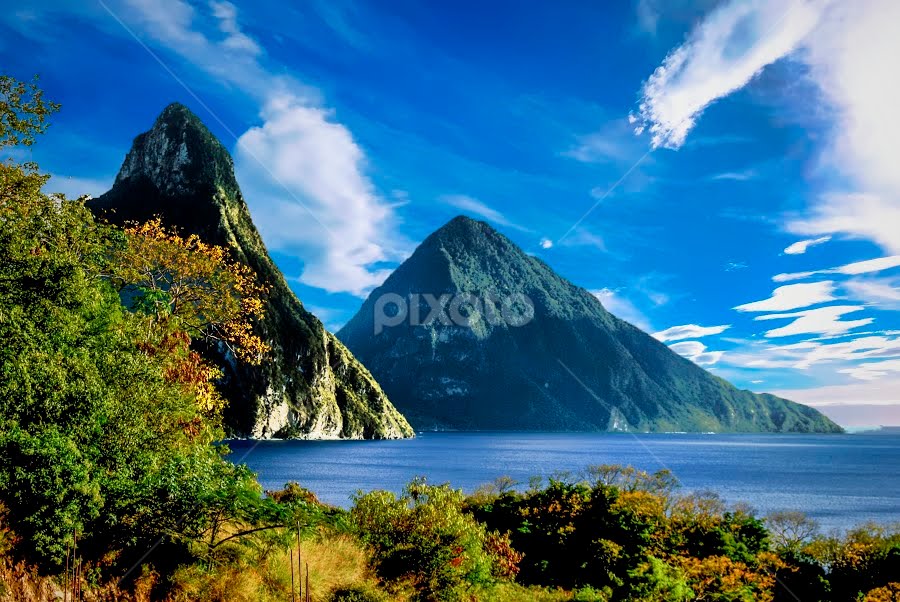 Pitons - St. Lucia by Dave Clark - Landscapes Beaches ( piton, caribbean, ocean, blue, beach, st. lucia, water, landscape )