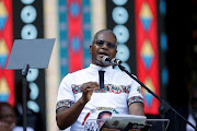 Inkatha Freedom Party president Velenkosi Hlabisa speaks during the party's election manifesto launch at Moses Mabhida Stadium in Durban. Photo: SANDILE NDLOVU