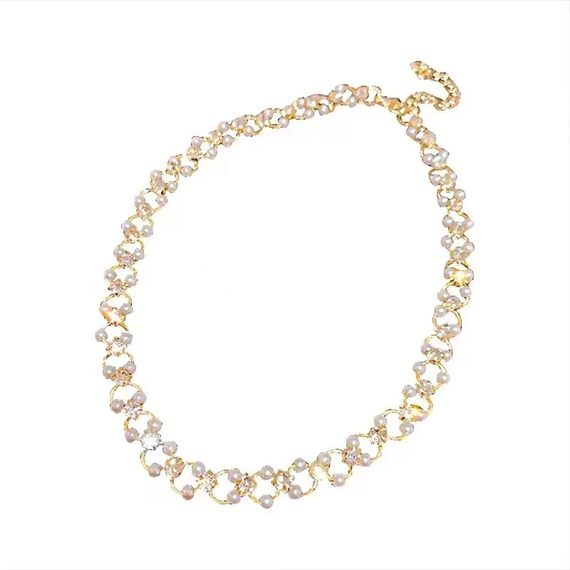 Title 7, Collar corto tejido de perlas estilo francés pa...