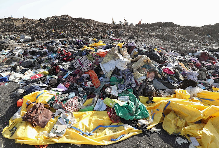 Clothing and personal effects from the wreckage of the Ethiopian Airlines flight 302 plane crash, southeast of Addis Ababa, Ethiopia, on March 11 2019.