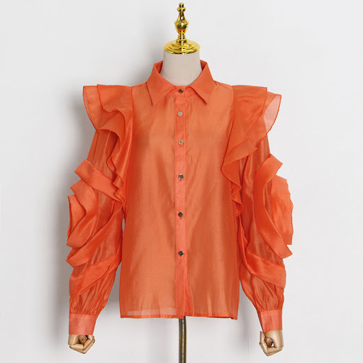 Title 9, Temperament Organza Solid Color Shirt Lapel Ruf...