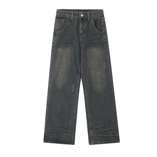 Title 13, Washed and Worn Out Denim Straight-leg Trousers...