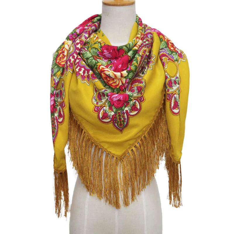 Bufanda floral retro estampada para mujer con flecos Elegante y versátil accesorio para el cuello. Ideal para un look bohemio y a la moda. Abrígate con estilo.