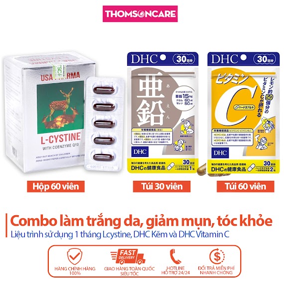 Combo Làm Trắng Da, Tóc Khỏe L Cystine 60V, Kẽm Dhc 30V, Dhc Vitamin C 60V Cho Người Bị Mụn Vitamin C Dhc L Cystine - Thomsoncare