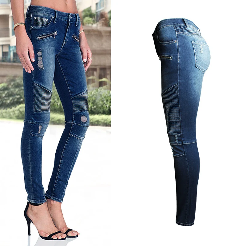 Damen Motorrad Jeans mit Reißverschluss, mittelhoher Bund, Stretch Skinny Fit, ideal für Bikerinnen, bequeme Passform.