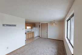 Apartment entry door open to the living area and kitchen with carpeted flooring, wood trim, and a large window 