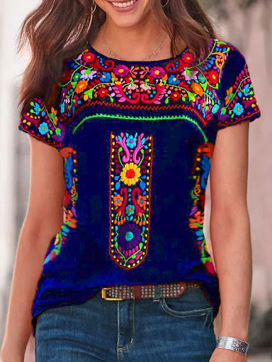 Title 5, Womens Bohemian Print Round Neck Short Sleeve ...
