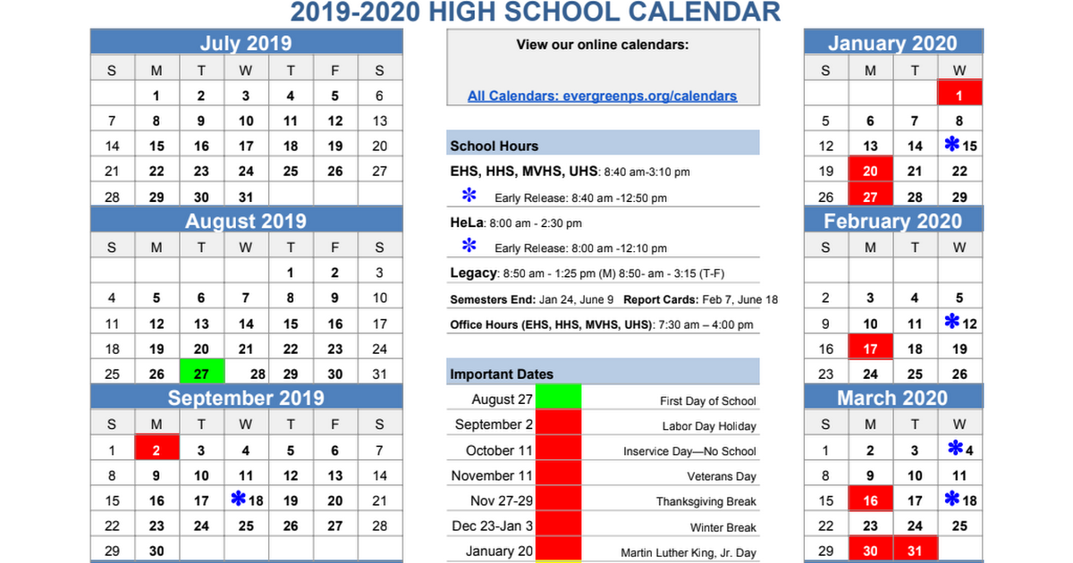 2019-20 High School Calendar | Evergreen Public Schools - Google Sheets