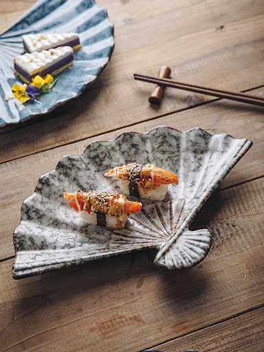 Title 6, Japanese-style ceramic sushi fan-shaped meal pl...