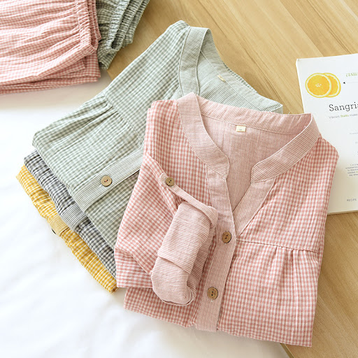 Title 3, Pajamas Womens Yarn-dyed Cotton Gauze Thin Lon...